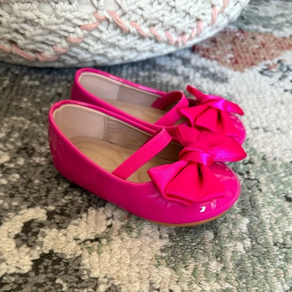 New Boutique Toddler Girl Dress Shoes Pink Bow Front Comfort Padding Size 6.5